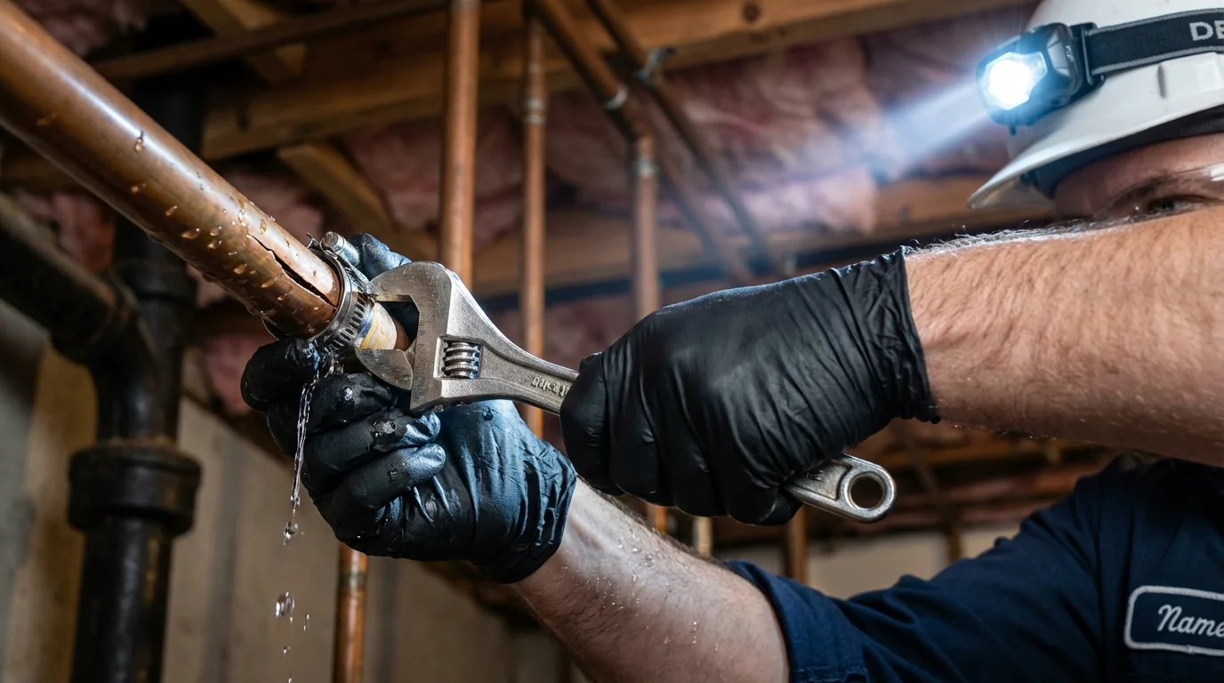 Emergency pipe clamp repair being performed by a Johns Plumbing LLC plumber in Holloman Air Force Base