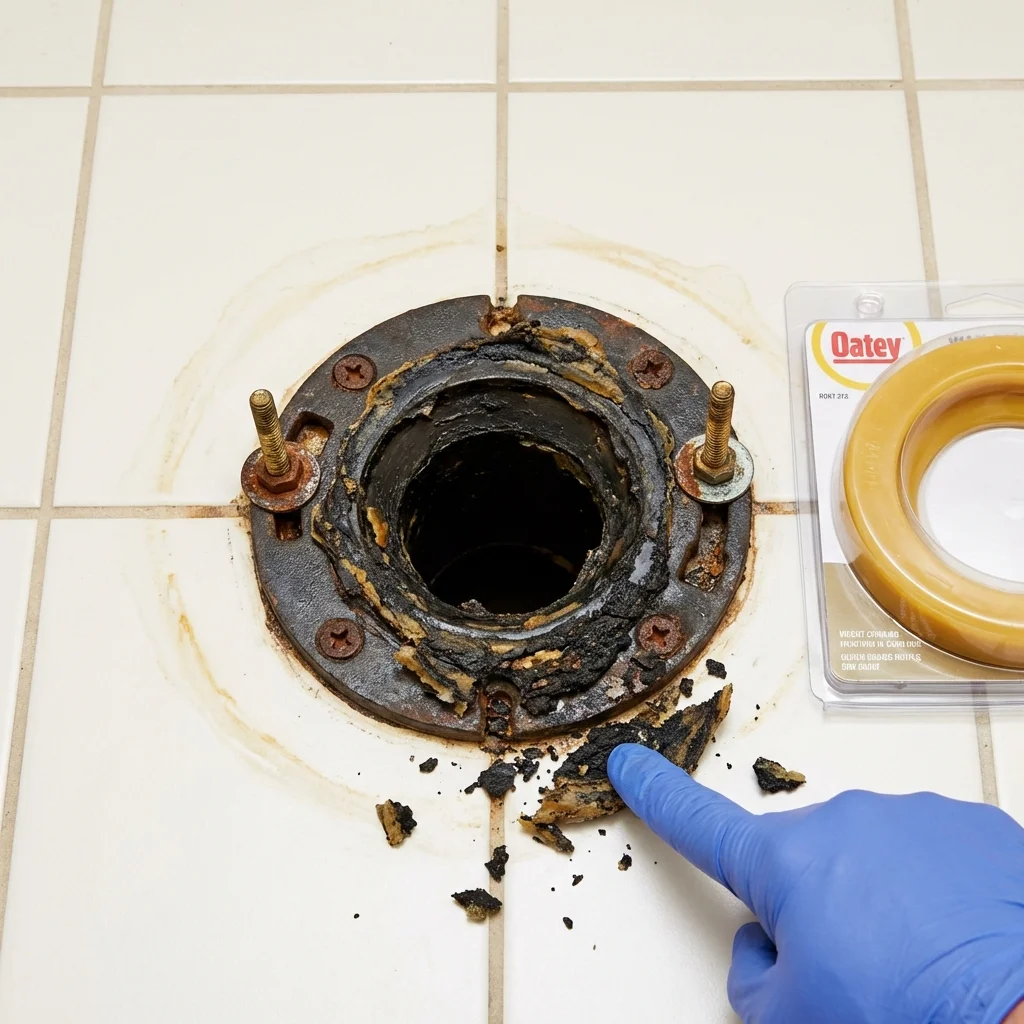 Failed wax ring showing water seepage at the base of a toilet in a Holloman Air Force Base, NM home