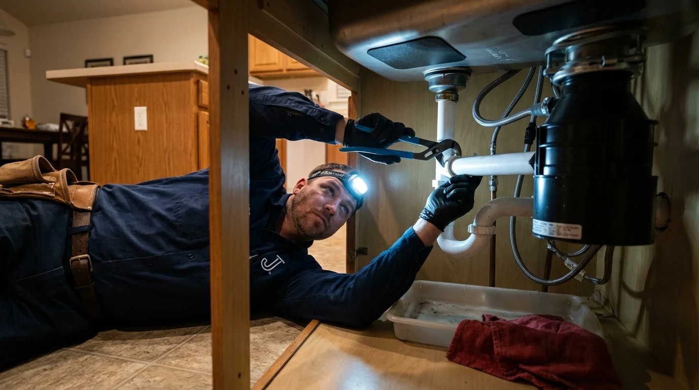 P-trap and supply line connections under a kitchen sink showing a common leak point in Holloman Air Force Base, NM